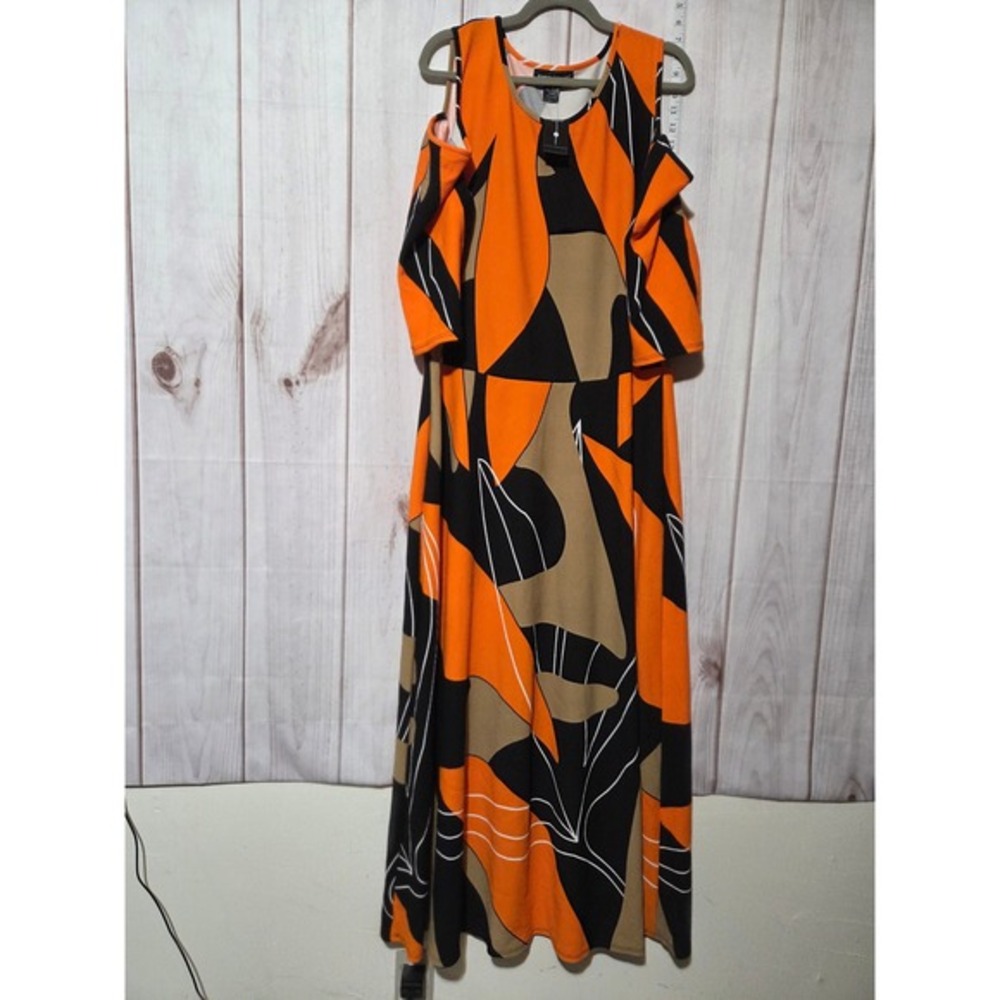 Ashley Stewart Orange Black Abstract Leaf Print Cold Shoulder‎ Maxi Dress 18/20 - Picture 2 of 7